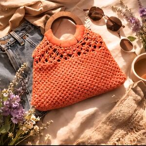 Handcrafted Coral Crochet Bag | Wooden Handles | Boho Summer Purse